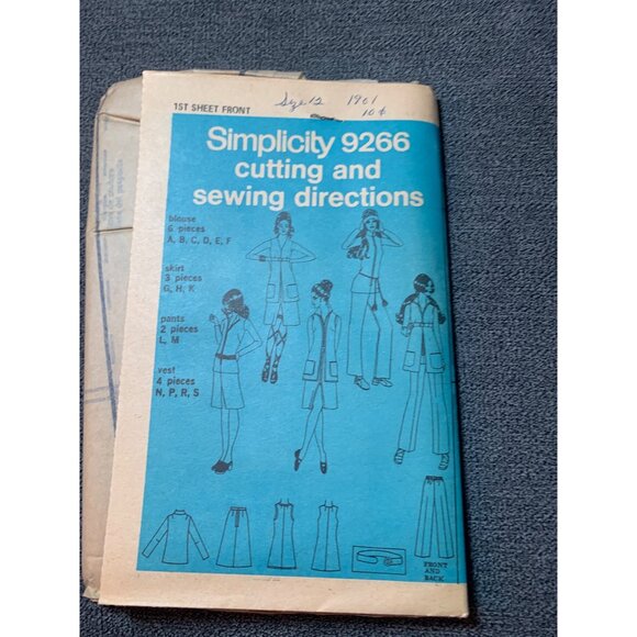 Simplicity 9266 Vintage 1970s Sewing Pattern Blouse Skirt Pants Vest Size 12 unc - Picture 5 of 5